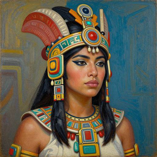 Digital painting of an Egyptian woman with dark hair, wearing a colorful, ornate headdress and necklace, against a blue background.