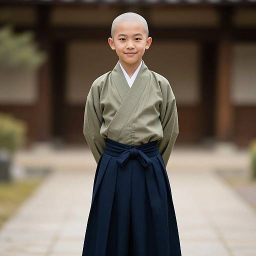 Photograph of a young Asian boy with a shaved head, wearing a green kimono top and dark blue hakama, standing in front of a traditional