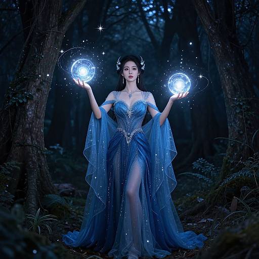 Photograph of a fair-skinned woman in a blue, sparkling, off-shoulder gown holding glowing orb-like balls in a dark, magical forest