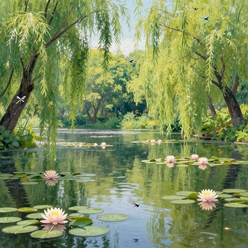 Photograph of a serene, sunlit pond with pink water lilies, green lily pads, and weeping willow trees reflected in the water