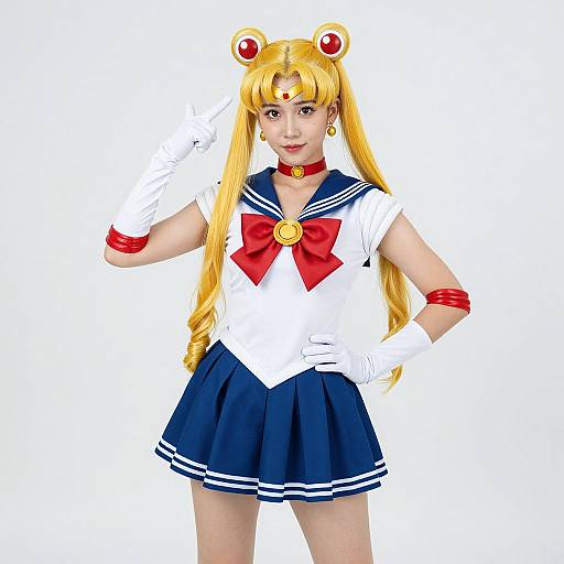 Photograph of a young girl in detailed Sailor Moon cosplay, featuring blonde hair, red ribbons, white gloves, blue sailor uniform, and red bow