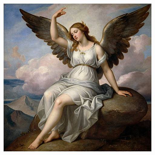 Classical painting of a fair-skinned, winged angel with brown hair, wearing a white, flowing gown, pointing upward, seated on a rock
