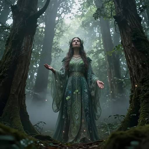 Photograph-style CGI of a mystical forest woman with long dark hair, green dress, and leafy crown, standing amid tall trees.