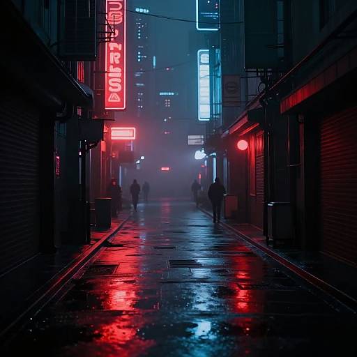 Neon-lit, rain-soaked urban alley at night, red and blue neon signs reflecting on wet pavement, silhouetted figures walking in