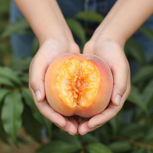 Hands Holding Fresh Split Peach