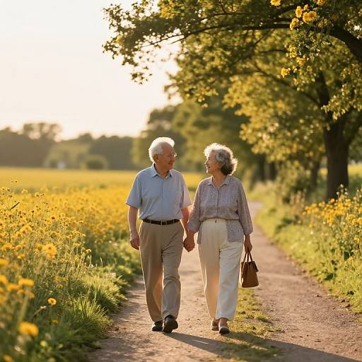 Photograph of elderly couple walking hand-in-hand on sunlit path through yellow flower field, holding hands, under tree canopy, warm sunlight.