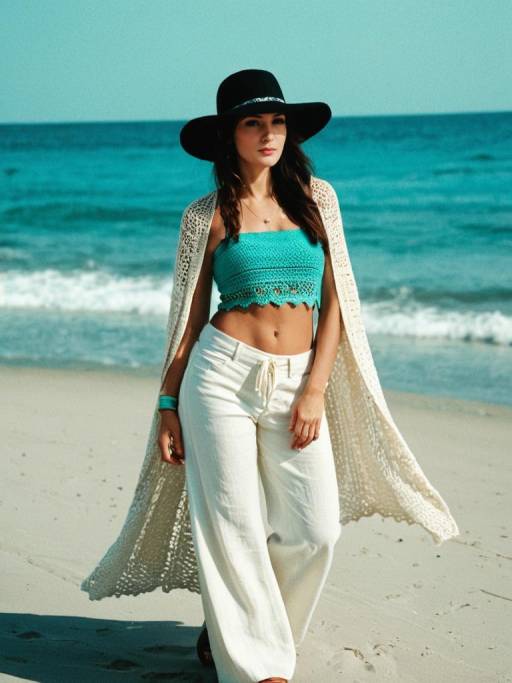 Woman in casual beachwear with crocheted shawl