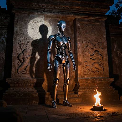 Photograph of a metallic robot standing in front of ancient stone carvings, illuminated by a small fire on the ground.
