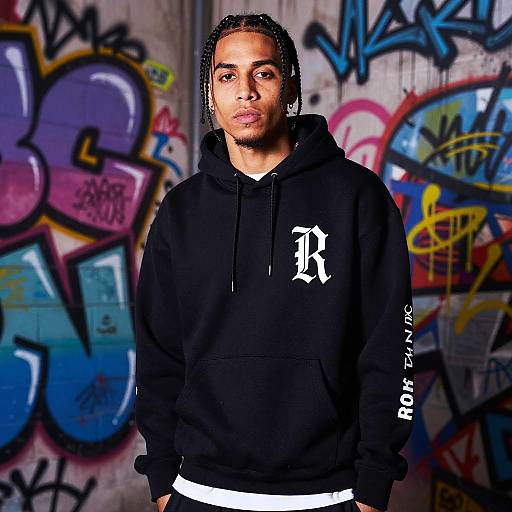 Photograph of a young man with braided hair, wearing a black hoodie with white 