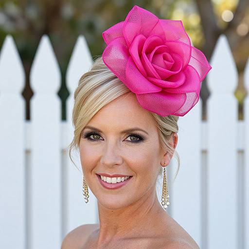 Photograph of a smiling blonde woman with blue eyes, wearing a large pink rose fascinator, gold earrings, and a white strapless top, against