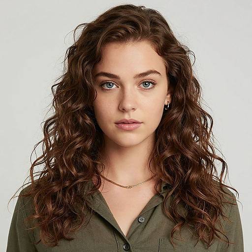 Photograph of a young woman with long, wavy brown hair, fair skin, blue eyes, wearing an olive green button-up shirt, and a