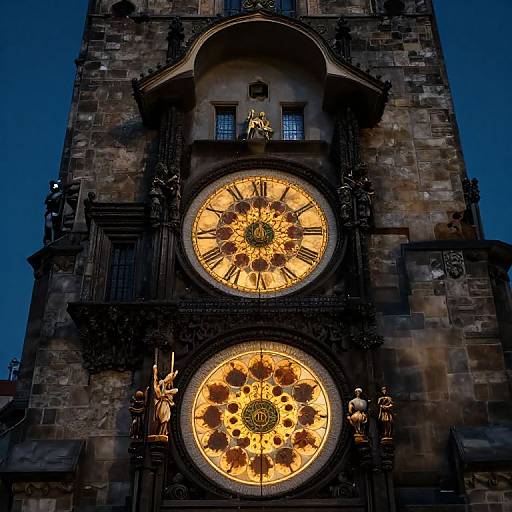 Photograph of Prague Astronomical Clock's illuminated, ornate dials with glowing golden sun and moon designs, set against a dark stone tower under