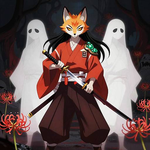 Kitsune Demon Slayer with Nodachi Sword and Ghostly Yokai