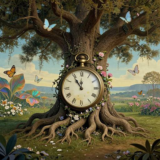 Dreamlike illustration of a large, tree-rooted pocket watch with Roman numerals, surrounded by vibrant butterflies, colorful flowers, and a picturesque countryside background