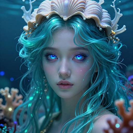 Digital art of a glowing, sea-green mermaid with blue eyes, wearing a seashell crown, surrounded by underwater corals, in a dark