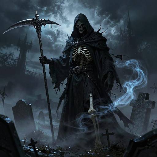 Ominous Reaper in Foggy Graveyard