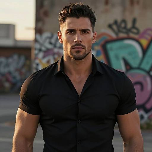 Photograph of a muscular, bearded man with short dark hair, wearing a tight black button-up shirt, standing in front of colorful graffiti-covered walls