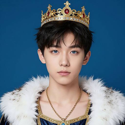 Photograph of a young Asian male with fair skin, blue eyes, black hair, wearing a gold crown, white fur robe, and gold chain,