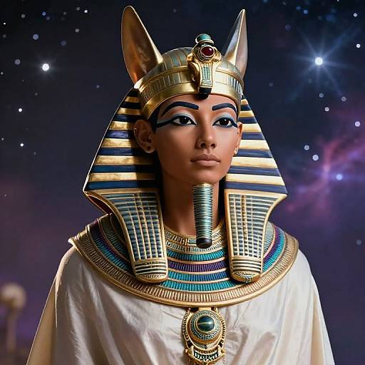 Digital artwork of an Egyptian goddess with Anubis headpiece, striped nemes, blue and gold jewelry, white cloak, starry cosmic background.
