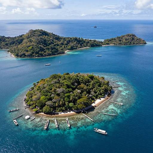 Aerial photograph of a lush, tree-covered island surrounded by clear, blue waters with several docked boats and smaller islands in the background.