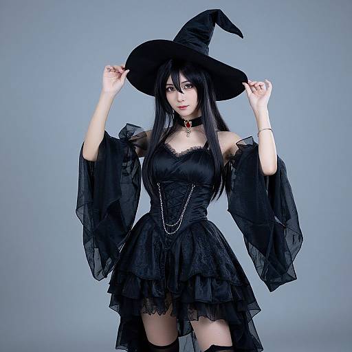 Photograph of a pale-skinned woman with long black hair, wearing a black witch hat, off-shoulder black lace dress, and thigh-high