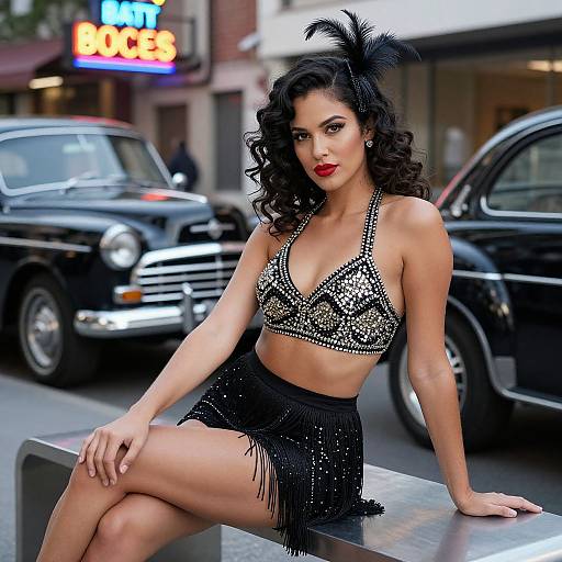 Photograph of a curvy, dark-haired woman with red lipstick, wearing a sequined black bra and fringe skirt, seated on a city street bench
