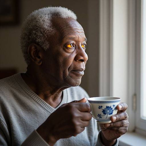 Photograph of an elderly Black woman with short, curly gray hair, wearing a gray sweater, holding a blue-floral patterned teacup,