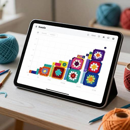 Photograph of a black tablet displaying colorful digital crochet patterns, resting on a wooden table with yarn balls and needles.