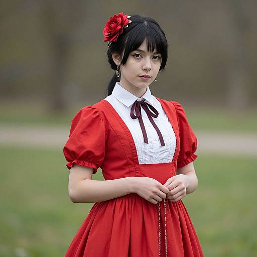 Photograph of a young Asian woman with black hair, red dress, white blouse, and red flower hairpin, standing in a blurred grassy field
