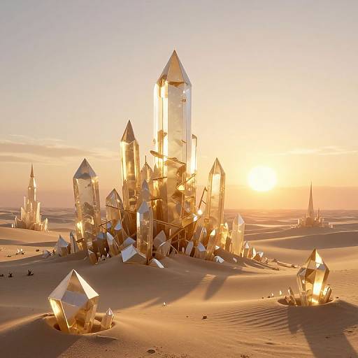 Photorealistic CGI of a golden crystal city at sunset, with tall, transparent, pyramid-shaped structures in a desert landscape.