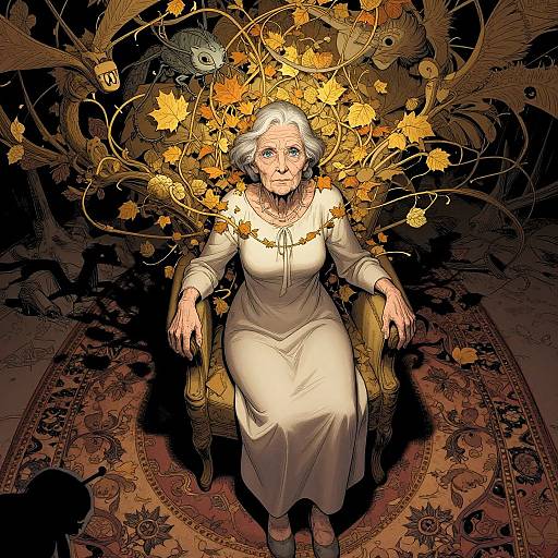 Digital illustration of an elderly woman with white hair, wearing a white dress, seated on a throne adorned with golden autumn leaves and mythical birds, on an