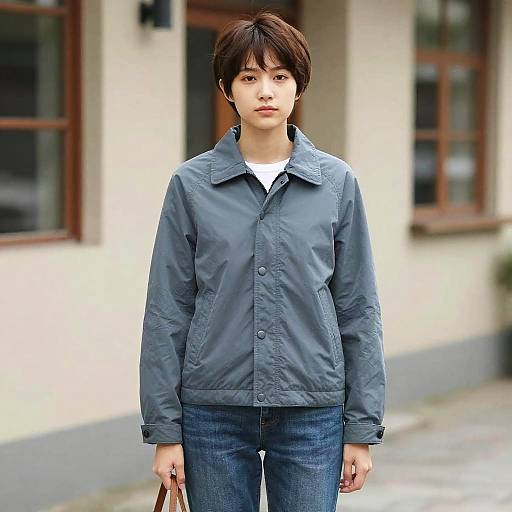 Young woman with pixie cut in blue jacket and jeans