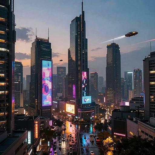 Photograph of a futuristic cityscape at dusk, featuring tall skyscrapers with vibrant neon lights, flying drones, and busy streets below.