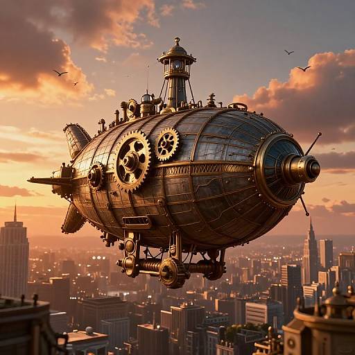 Steampunk airship with exposed gears floating over a cityscape at sunset, featuring golden sunlight and scattered clouds. Photorealistic CGI.