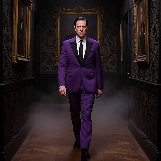Photograph of a serious-looking man in a dark purple suit with black lapels, white shirt, and black tie, walking down a dimly lit