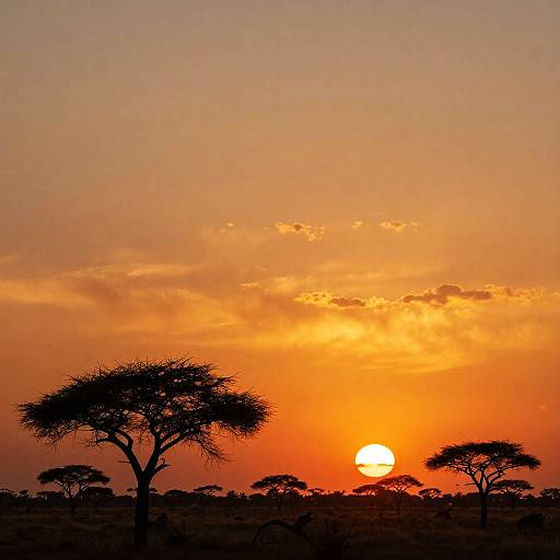 Photograph of a vibrant orange sunset with silhouetted acacia trees and the sun partially hidden behind the horizon, creating a serene African savanna