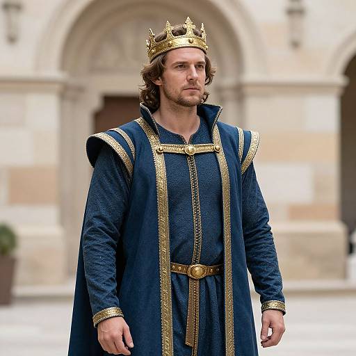 Photograph of a bearded man with wavy brown hair wearing a gold crown, dark blue medieval-style royal robe with gold trim, and a matching
