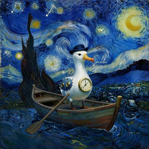 Clockwork Albatross Captain on Rowboat at Night