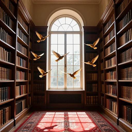 Photograph of a sunlit library with tall, arched window, dark wooden bookshelves, red carpet, and golden birds in flight.