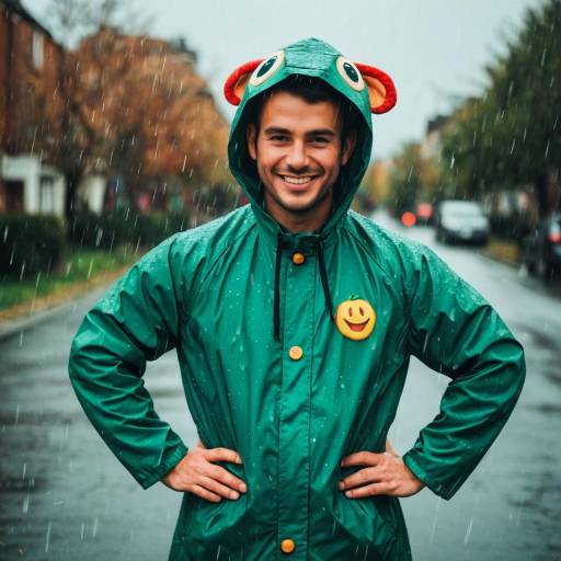 Man in Green Cocomelon Raincoat Smiling in the Rain