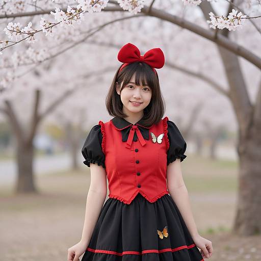 Photograph of an Asian woman with shoulder-length black hair, wearing a red and black gothic lolita dress with butterfly embroidery, and a large red
