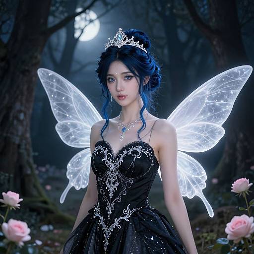 Photograph-style digital art of a fair-skinned, blue-haired fairy with glowing wings, wearing a black, ornate dress and silver tiara,