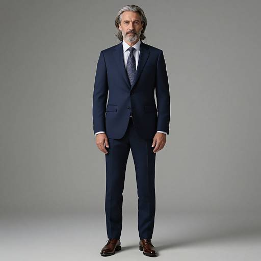 Photograph of a middle-aged man with gray hair and beard, wearing a dark blue suit, white shirt, blue tie, and brown shoes, standing