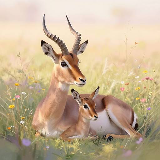 Digital painting of a mother gazelle with curved horns and a young gazelle, lying in a sunny meadow filled with colorful wildflowers.