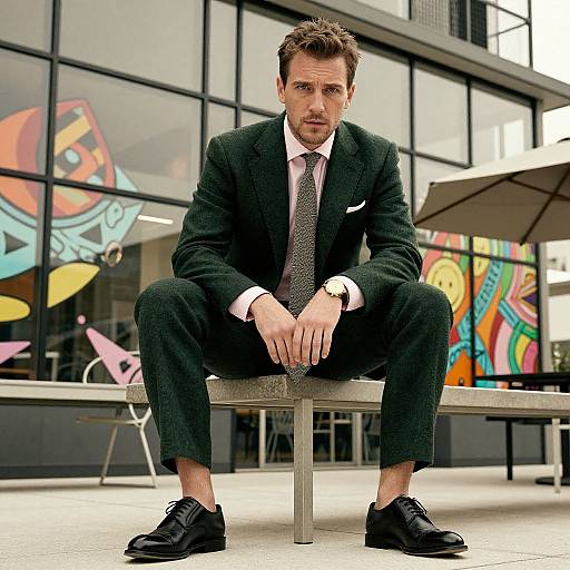 Photograph of a handsome, serious-looking man with short, spiked brown hair, wearing a black suit, white shirt, pink tie, and black shoes