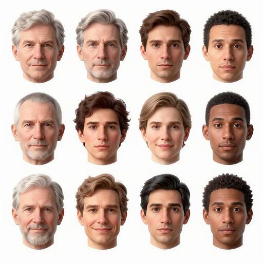 Photorealistic CGI image of twelve male facial portraits, varied in age, hair color, and style, arranged in a 3x4 grid against