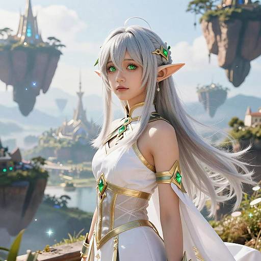 Digital fantasy artwork of an elven woman with silver hair, green eyes, pointed ears, and a white gown with gold and green accents, standing in