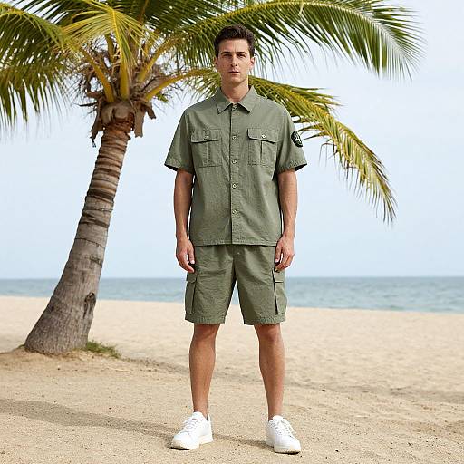 Photograph of a young man with short dark hair, wearing a green military-style shirt and shorts, white sneakers, standing on a sandy beach with a