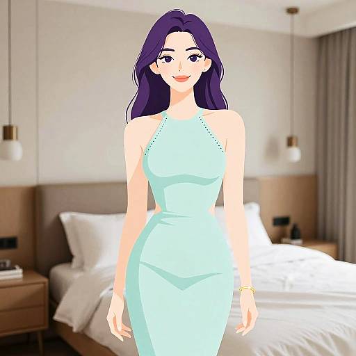 Digital illustration of a smiling woman with long purple hair in a light blue halter dress, standing in a modern bedroom with a bed and two bedside tables
