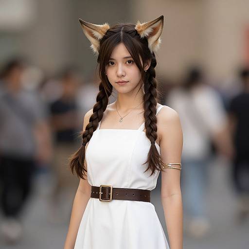 Photograph of an Asian woman with fox ears, long braided brown hair, wearing a white dress and black belt, standing outdoors in a blurred,